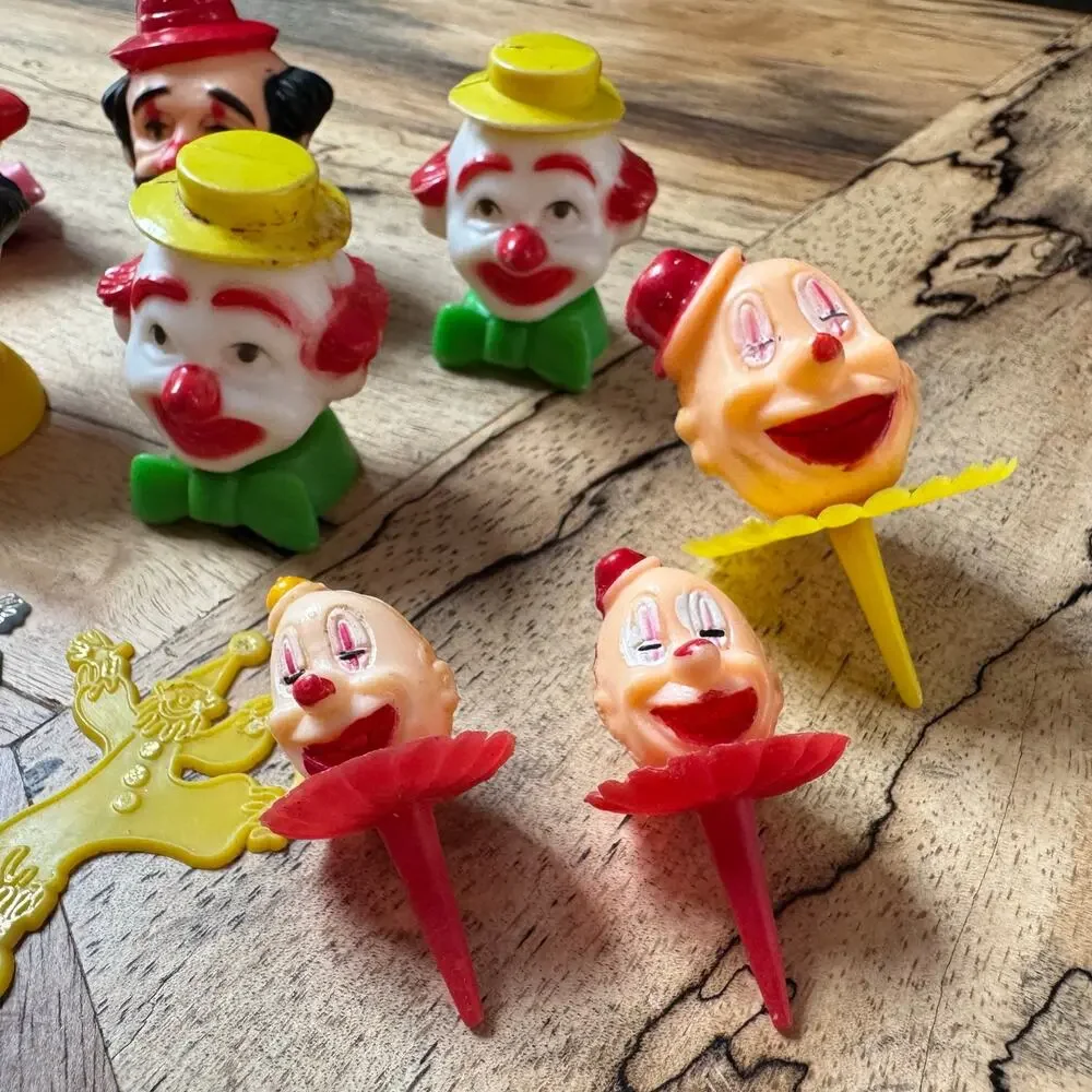 Vintage Plastic Clown Cupcake Picks, Retro Circus Cake Toppers Lot, 1970s 1980s